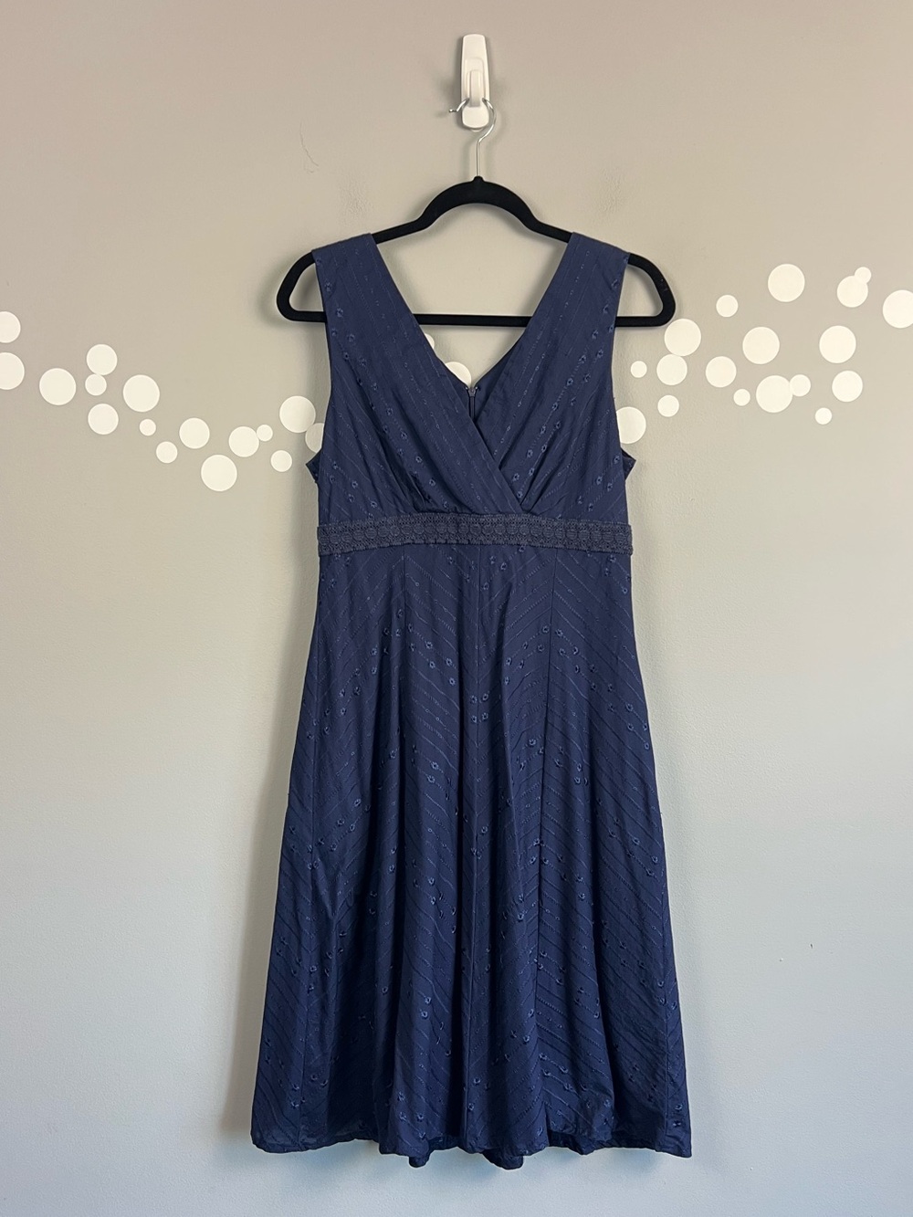 Rabbit Rabbit Rabbit Navy Eyelet Fit Flare Midi Dress V Neck Size 10